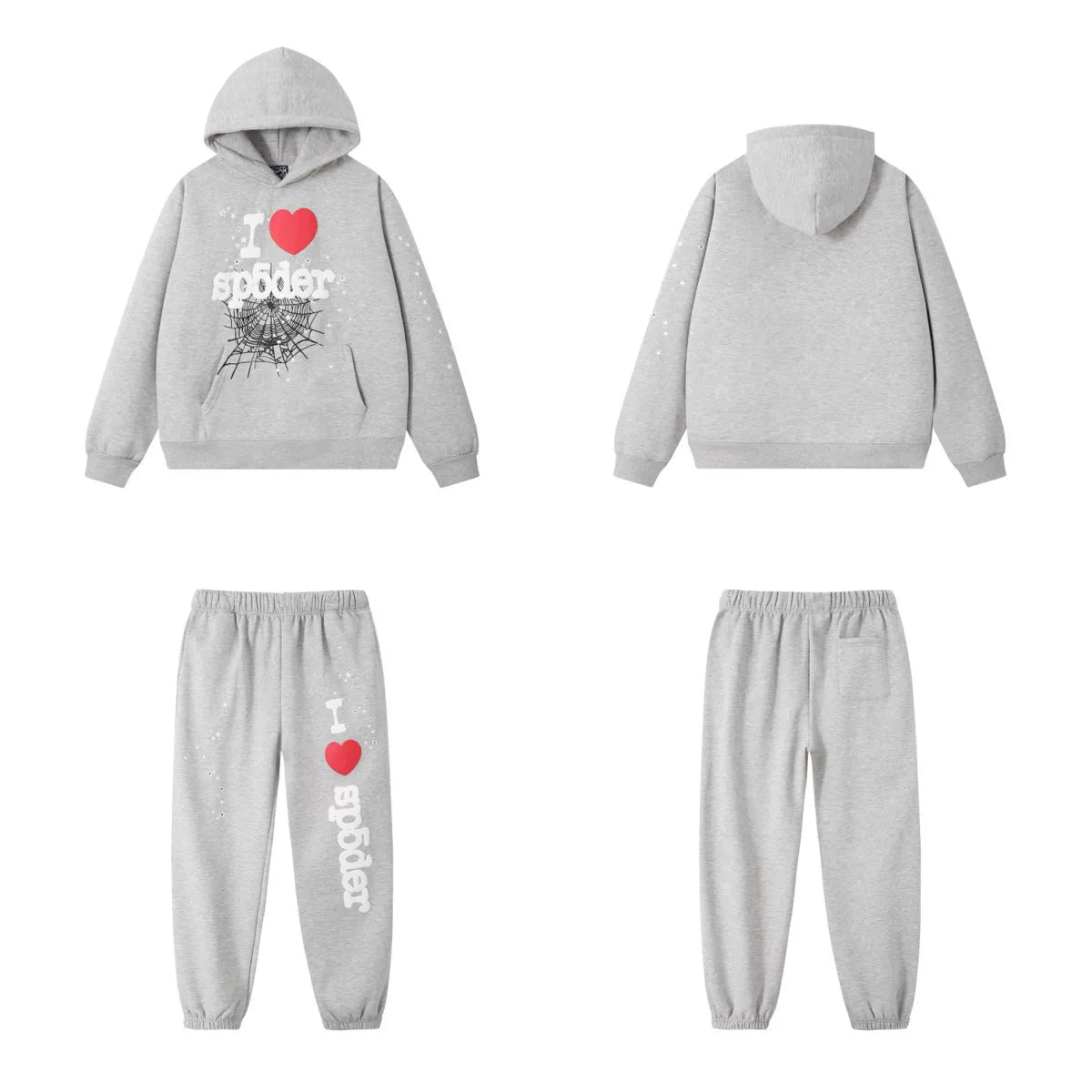 SP5DER Heart Web Graphic Pullover Hoodie and Sweatpants Matching Set - Heather Grey