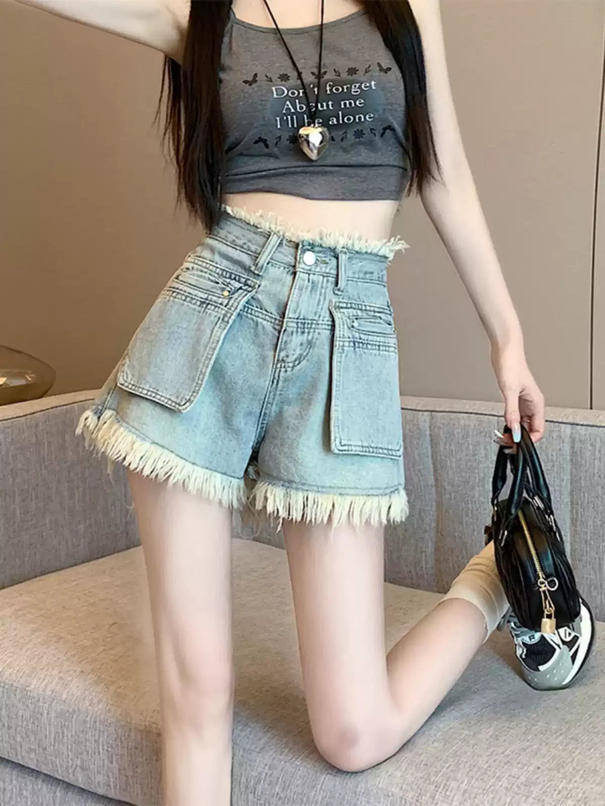 Sisjuly Sun-Bleached Raw Hem Denim Shorts