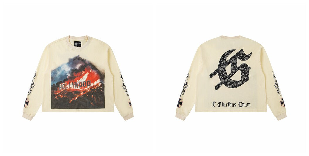Godspeed "E Pluribus Unum" Burning Hollywood Sign Graphic Beige Long Sleeve Tee