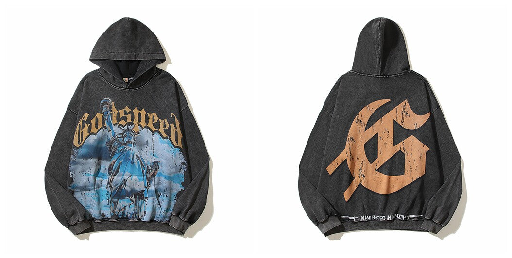 Vintage "Godspeed" Statue of Liberty Graphic Oversized Hoodie