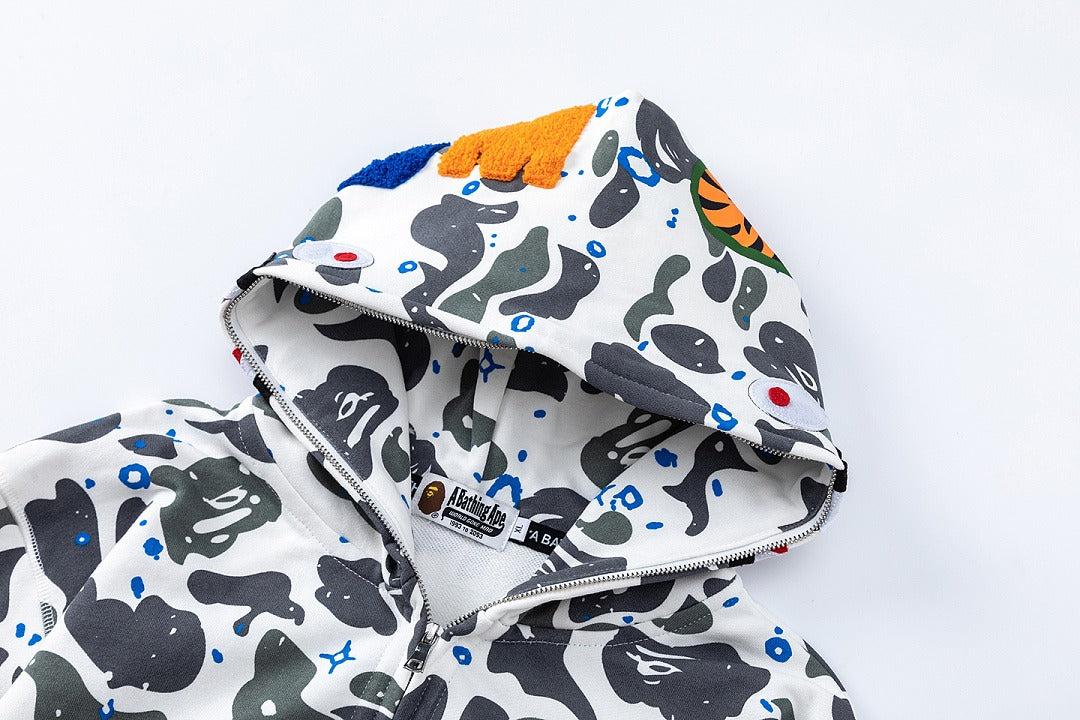 BAPE Shark Full Zip Camo Hoodie (White & Blue Paint Splatter Camo)